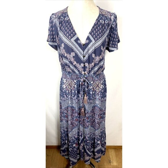 Knox Rose Dresses & Skirts - Knox Rose Midi Dress Size Large Rayon Short Sleeve Navy Blue/White Floral Boho
